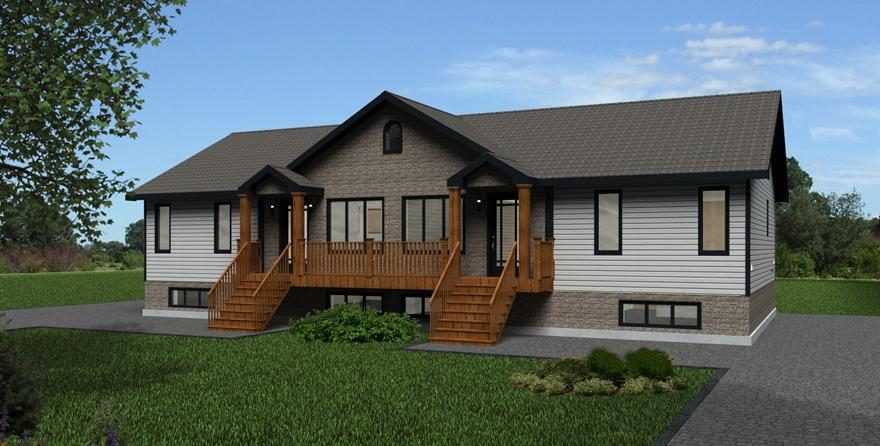 Le modèle Kym : semi-détaché contemporain à deux tons, deux entrées avec escaliers de bois